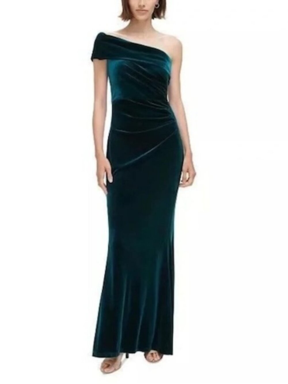 Eliza J Hunter Green One-Shoulder Velvet Gown